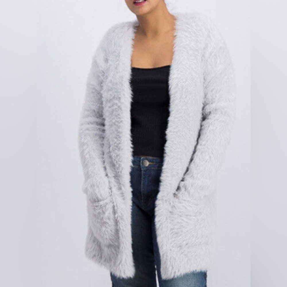 Free People Faux Fur Fuzzy Gray Cardigan Sweater -Sz Large